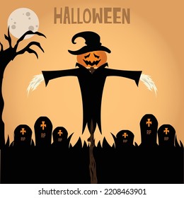 Halloween post with scare crow and graves silhouette