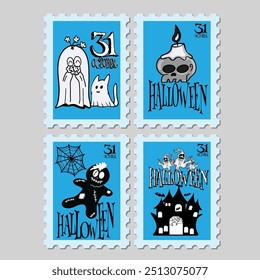 Halloween Post Stamps  Character Design Illustration. Set of cuet Halloween Season, Trick Or Treat, October Elements
