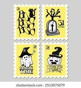 Halloween Post Stamps  Character Design Illustration. Set of cuet Halloween Season, Trick Or Treat, October Elements
