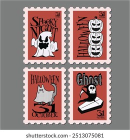 Halloween Post Stamps  Character Design Illustration. Set of cuet Halloween Season, Trick Or Treat, October Elements
