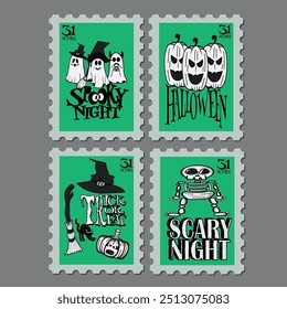 Halloween Post Stamps  Character Design Illustration. Set of cuet Halloween Season, Trick Or Treat, October Elements
