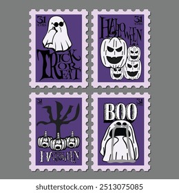 Halloween Post Stamps  Character Design Illustration. Set of cuet Halloween Season, Trick Or Treat, October Elements
