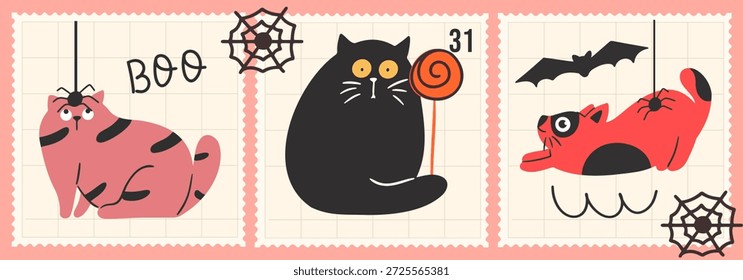 Halloween Briefmarkensammlung mit süßen schwarzen und rosa Katzen, Lutscher, Spinne und Fledermaus. Handgezeichnete Doodle-Illustration auf Gitterhintergrund