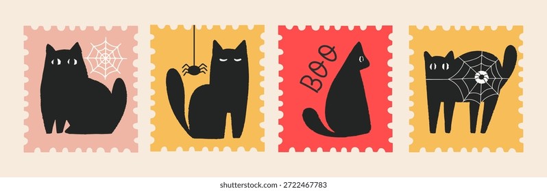 Sello postal de Halloween con gatos negros, arañas y Web espeluznantes. Dibujado a mano ilustración plana para invitación de vacaciones o pegatinas