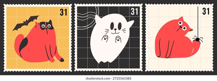 Halloween postage stamp set with cute cats and ghost. Hand drawn flat vector holiday illustration