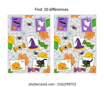 Halloween postage stamps find ten differences visual puzzle
