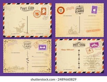 Halloween-Postkarte. Festliche Musik Karneval Vintage Postkarten. Vektorgrafik gruselige und lebendige festliche Layout-Design-Vorlagen mit gruseligen Motiven, für unheimliche Grüße zu senden und die Jahreszeit des Grauens zu feiern