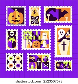 Conjunto de sellos postales de Halloween. Ilustración vectorial de fondo de estilo plano. Truco o trato. Concepto de fiesta de miedo. Horror Festiva.