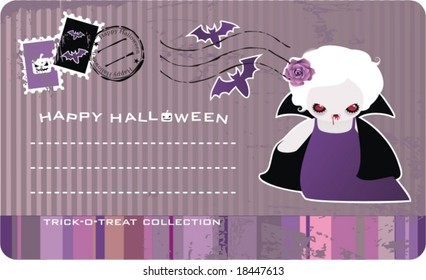 Halloween postcard with banner for your sample text and little vampiress