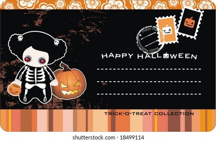 Halloween postcard with banner for your sample text and skeleton girl