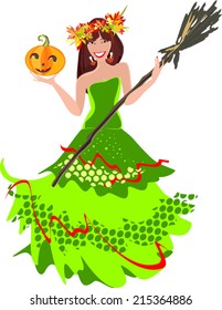 Halloween postcard with beautiful witch and pumpkin