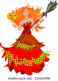 Halloween postcard with beautiful witch and pumpkin