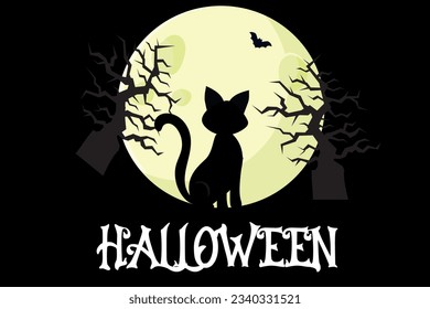 Halloween postcard. Black Cat and bats on the background of a big moon. Vector illustration