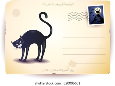 Halloween postcard with black cat, vector illustration 