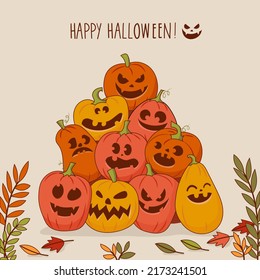 postal de halloween con calabazas de dibujos animados