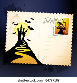 Halloween postcard with castle and witch. Vector background