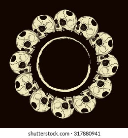 Halloween postcard. Circle-frame hand-drawn white skulls with a broken head without a jaw. All isolated.