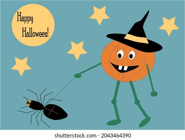 Halloween postcard concept in vectors. Happy pumpking in black hat is walking with big black spider on a leash. Blue-gray background with stars and moon. Wishes "Happy Halloween" on the Moon.