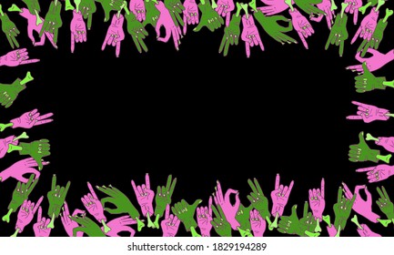 Halloween postcard with copy space on black backdrop. Zombie hands frame for invitation or gift card, notebook, bath tile, scrapbook. Phone case or cloth print. Doodle style stock vector illustration