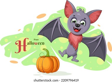 Halloween Postcard. Cute And Funny Bat And Halloween Pumpkin