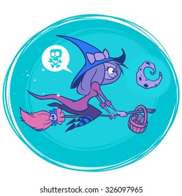 Halloween postcard with cute witch flying on her broom on a full moon night. Vector illustration