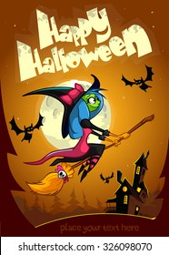 Halloween postcard with cute witch flying on her broom on a full moon night. Vector illustration with Halloween elements: haunted house, bat, witch