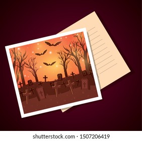 halloween postcard with dark cemetery scene
