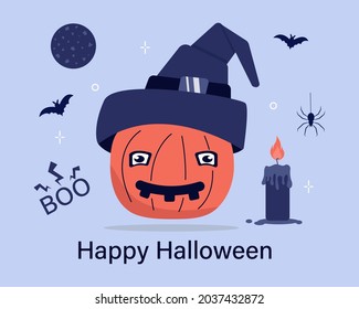 Halloween. Postcard design. Pumpkin, candle, inscription, spider, moon, bat. Vector illustration