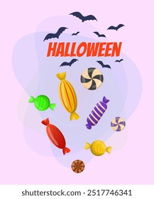 Halloween postcard design with sweets and flying bats on abstract background. Handwritten text, calligraphy. Halloween celebration, party concept. Vector illustration for invitation, poster or banner