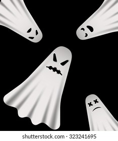 Halloween postcard in the form of a vortex of white prevedeni-sheets with a terrible frightening faces. All isolated.