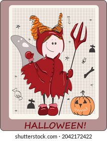 Halloween postcard with a girl dressed as a devil