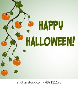 Halloween postcard green background with pumpkins and inscription Happy Halloween. Vector illustration