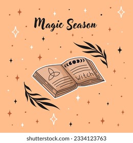 Halloween postcard. Greeting card with Magic book. Witchcraft and Magic. Vector.