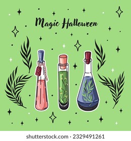 Halloween postcard. Greeting card with potion and poison flasks. Witchcraft and Magic. Vector.