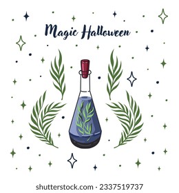 Halloween postcard. Greeting card with potion flask. Witchcraft and Magic. Vector.