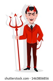 For a Halloween postcard. Handsome cartoon character. Charming devil, stylish monster Satan. Vector illustration on white background