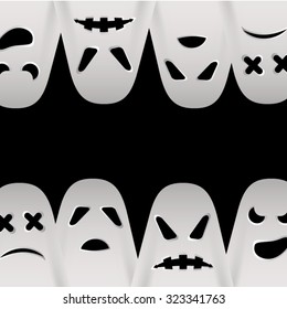 Halloween postcard. Hanging from the top and bottom of the picture white bed sheet ghosts with scary faces. All isolated.