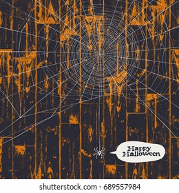 Halloween postcard illustration. 31 of October holiday background. Halloween spider web on wooden background.