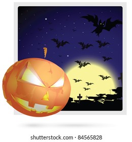 Halloween postcard image masks a pumpkin in the night background.