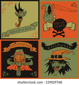 Halloween postcard invitation set. Vector pattern for web page backgrounds, postcards, greeting cards, invitations, pattern fills, surface textures. Set of death, jack o lantern, witch and devil.