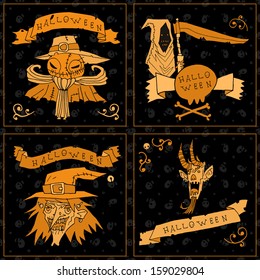 Halloween postcard invitation set. Vector pattern for web page backgrounds, postcards, greeting cards, invitations, pattern fills, surface textures. Set of death, jack o lantern, witch and devil.