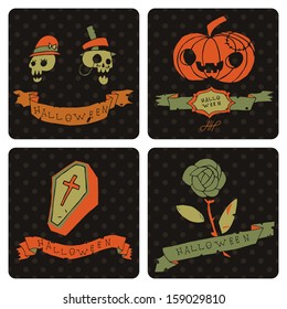 Halloween postcard invitation set. Vector pattern for web page backgrounds, postcards, greeting cards, invitations, pattern fills, surface textures. Set of skulls, coffin, rose and jack o lantern.