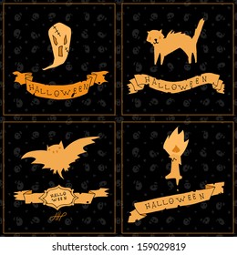 Halloween postcard invitation set. Vector pattern for web page backgrounds, postcards, greeting cards, invitations, pattern fills, surface textures. Set of bat, black cat, ghost, candle. 