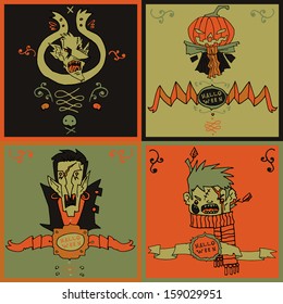 Halloween postcard invitation set. Vector pattern for web page backgrounds, postcards, greeting cards, invitations, pattern fills, surface textures. Set of vampire, jack o lantern, zombie and werewolf