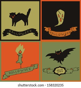Halloween postcard invitation. Vector pattern for web page backgrounds, postcards, greeting cards, invitations, pattern fills, surface textures. Set of bat, black cat, ghost and candle.