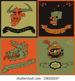 Halloween postcard invitation. Vector pattern for web page backgrounds, postcards, greeting cards, invitations, pattern fills, surface textures. Set of skull, pirate, devil, werewolf.