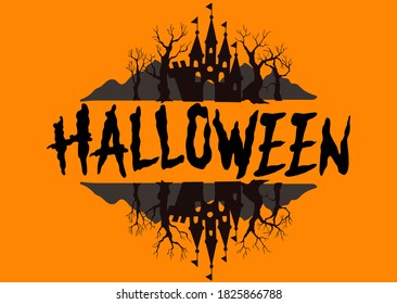 Halloween postcard. Lettering - Halloween. Castle, trees, mountains.