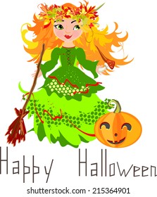 Halloween postcard with little witch and broom