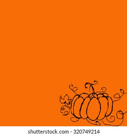 Halloween postcard. Lonely standing in the corner of the hand-drawn pumpkin with swirling stems on an orange background. Pumpkin isolated.