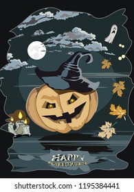 Halloween postcard, poster, pumpkin lantern, vector illustration